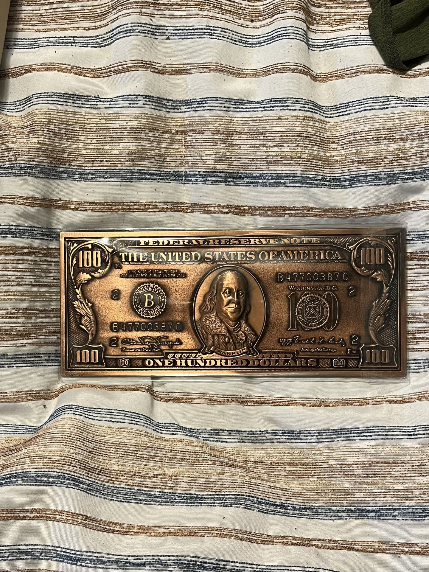 New Inbox Collector Souvenir Fed Reserve $100 Bill, Front And Back Copper Plate Paperweight Plaque