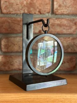Vintage Pottery Barn Metal Pillar Candle Holder W/ Magnifying Glass