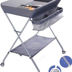 Baby Portable Folding Diaper Changing Station with Wheels, Adjustable Height Mobile Nursery Organizer with Safety Belt & Large Storage Racks, Newborns