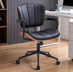 Mid Century Modern Office Chair, Fixed Back Rolling Desk Chair with Armrests and Walnut Back, Adjustable Height for Home Office, Black