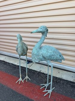 Vintage Pair of Patinated Bronze Crane / Heron Garden Statues