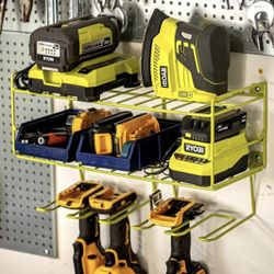 3-Layer Heavy-Duty Power Tool Organizer Wall Mount. Cordless Drill Holder. Includes 2 Storage Bins. Green For Ryobi