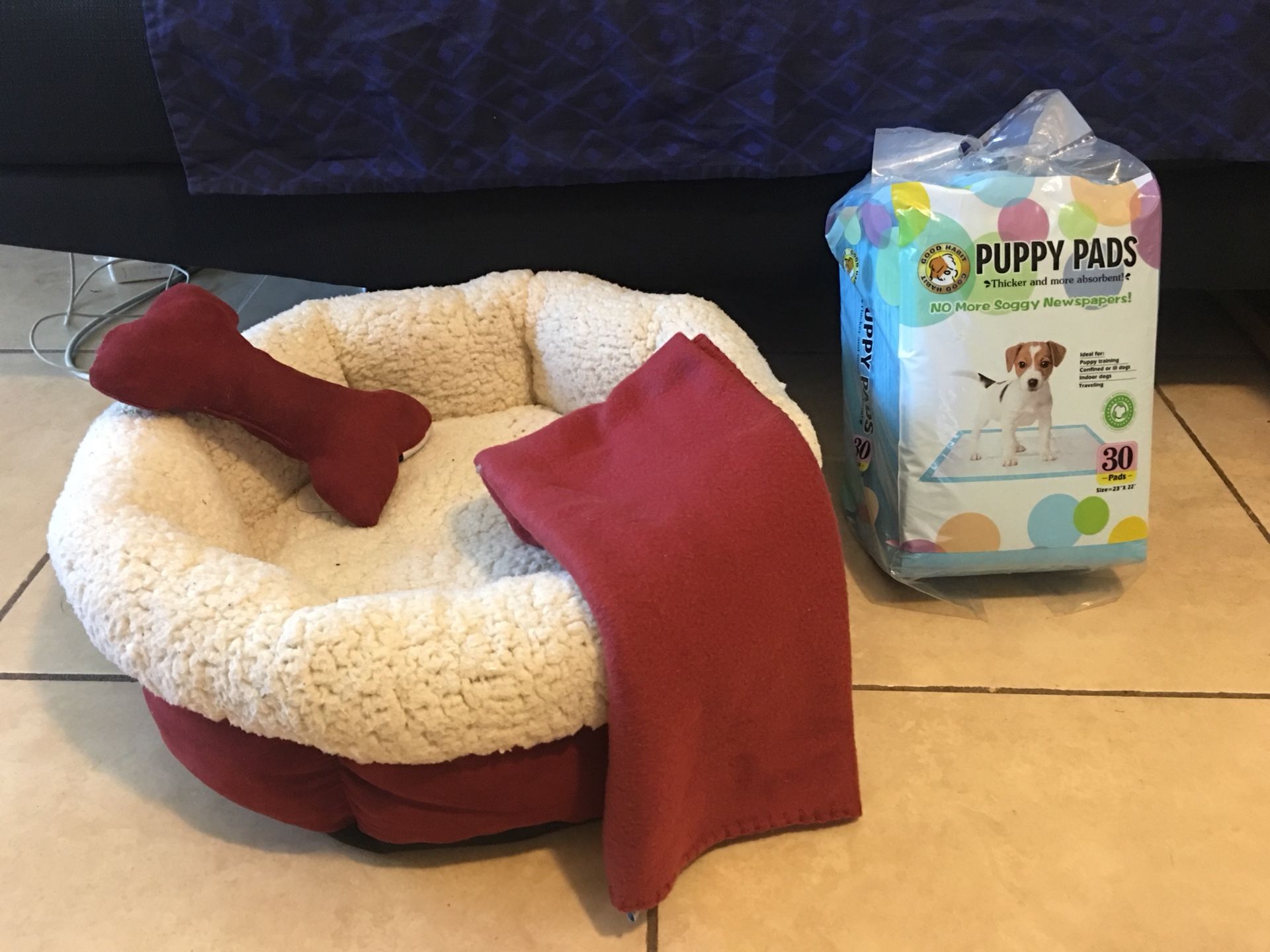 Dog bed, blanket -plush bone toy and puppy pads