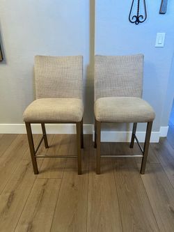 TWO Woven Cream Beige Textured Tweed Fabric Counter Stools w/ Champagne Legs