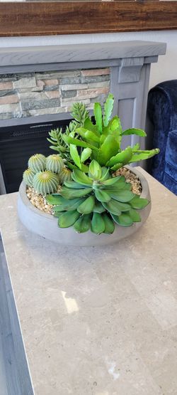 Large Artificial Succulent Arrangement in 16" Concrete Bowl – Modern Centerpiece
