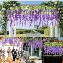 24Pack Purple Wisteria Hanging Flowers, 3.44 Ft Fake Hanging Flowers, Artificial Wisteria Garland Vines for Wedding Room Backdrop Outdoor Patio Garden