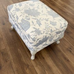 Vintage Neutral Cream and Blue Floral  Pattern Ottoman 