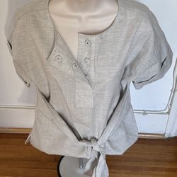Donna Karan light grey 100% cotton front tie Henley colllar top blouse, size XS