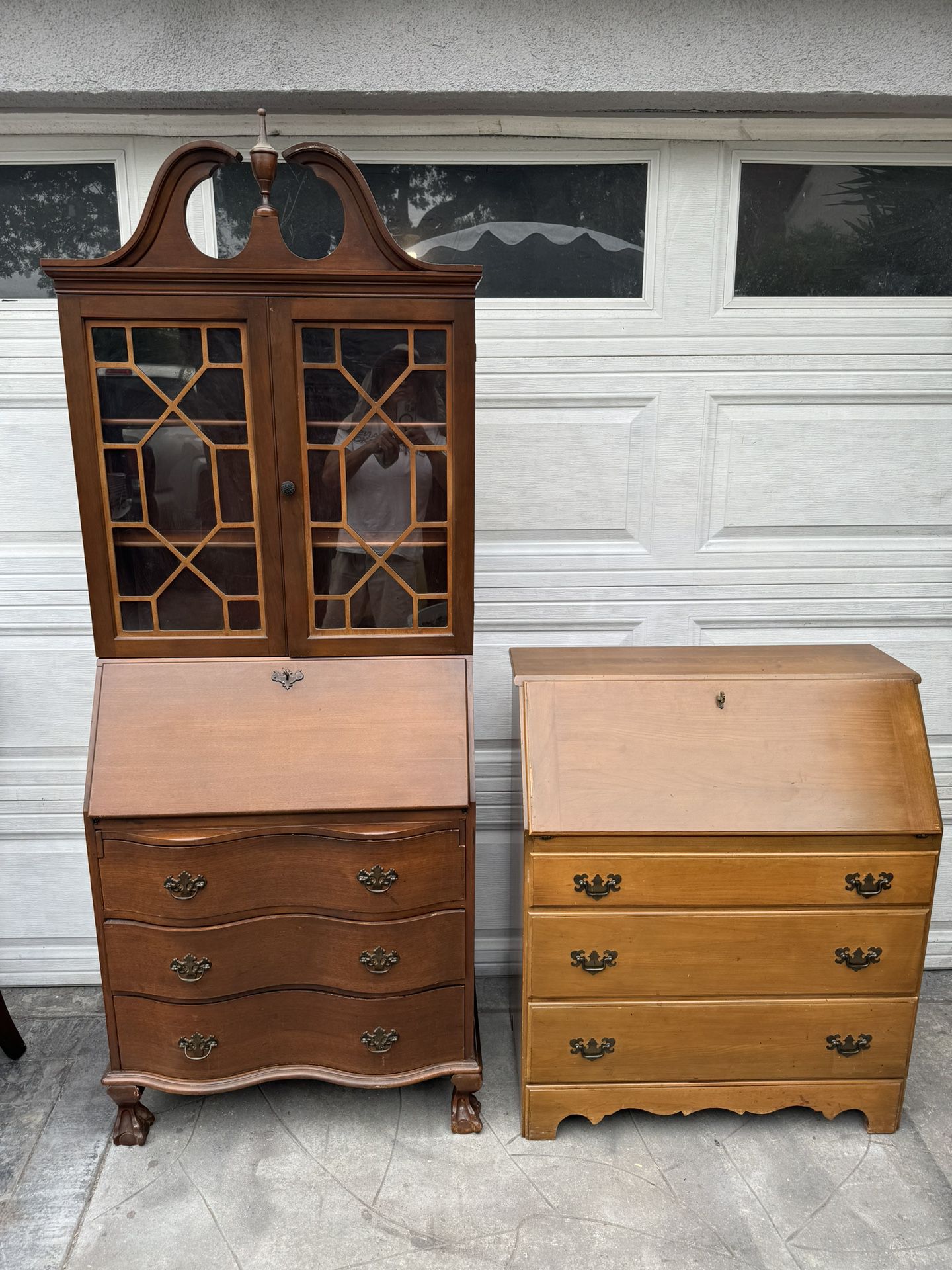 2 Antique / vintage solid wood secretary desk w/3  drawer dresser $95, taller display curio w/key  $150 