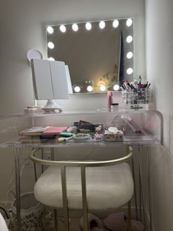 vanity makeup desk full set up clear with gold chair and vanity mirror light touch screen