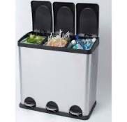 The Step N' Sort 900603 is a 16-gallon (60-liter) stainless steel waste and recycling bin featuring three independent, hands-free