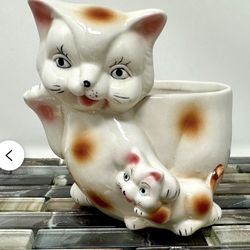 Cat and Kitten Indoor Planter 5" ', White Orange Spots Cats Ceramic Plant Succulent Cactus, Mid Century Animal Decor, Cat Lover Gift Whimsical