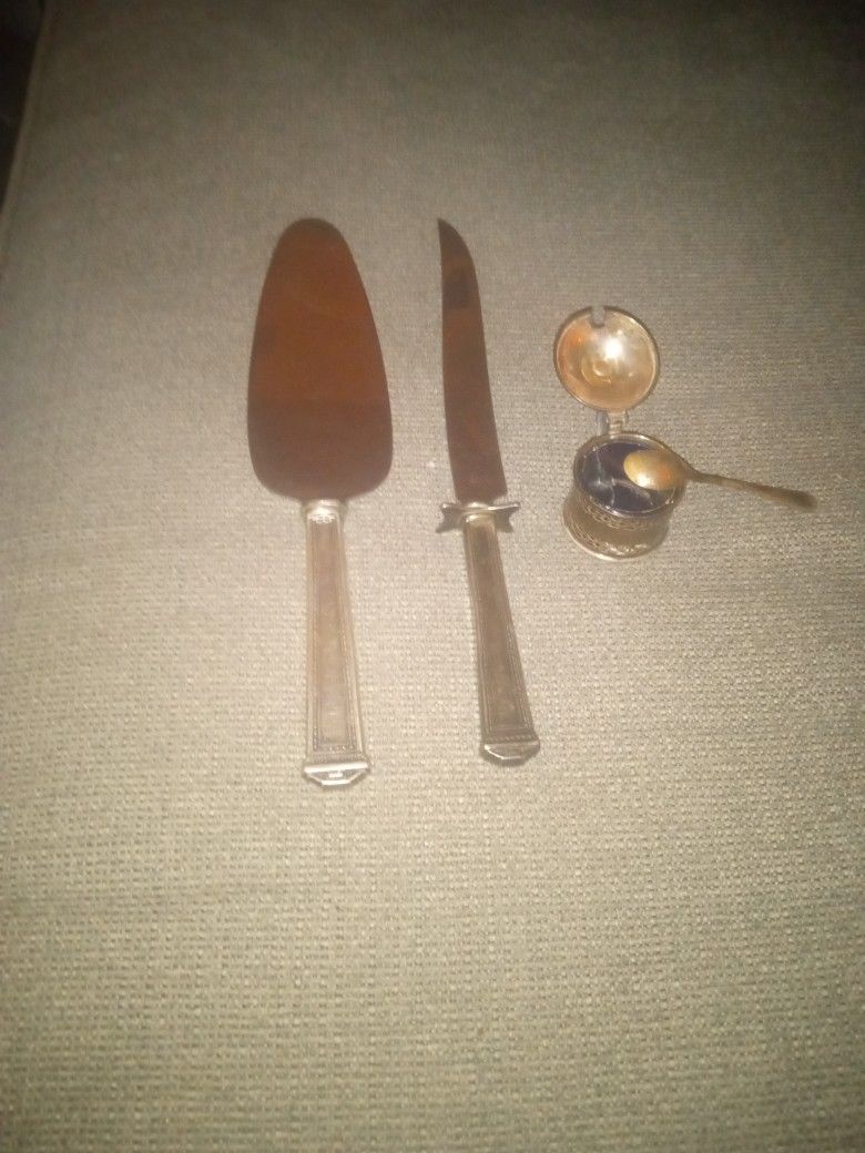Sterling Silver Cake Knife Set And sterling Small Mustard With Sterling Spoon