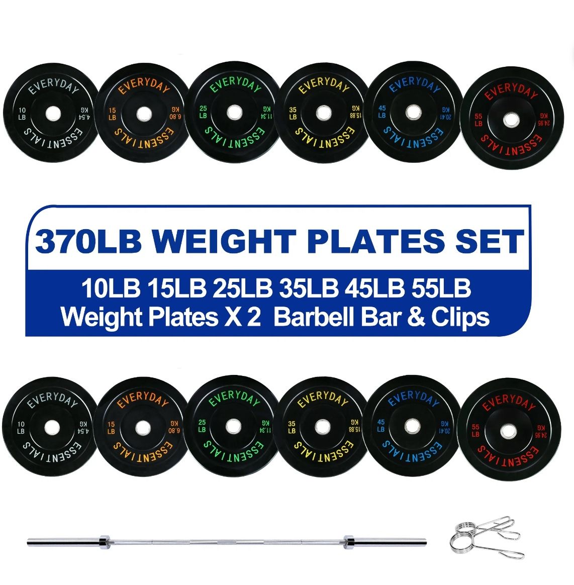 370 lbs Plates with 7FT Barbell Weight Set 