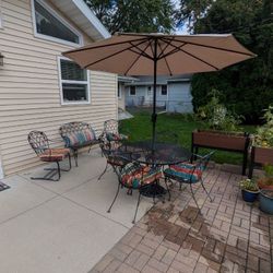 Round Wrought Iron Patio Table 48 Inches With Chairs And Umbrella 