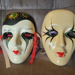 Vintage Ceramic New Orleans Marti Gras Masquerade Masks Decor 7" x2 Handpainted
