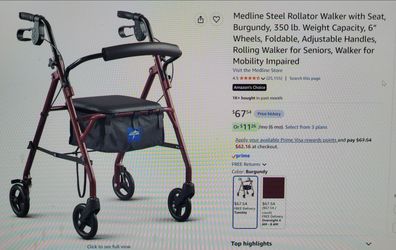 New! Burgundy Foldable steel Rollator Walker With padded seat