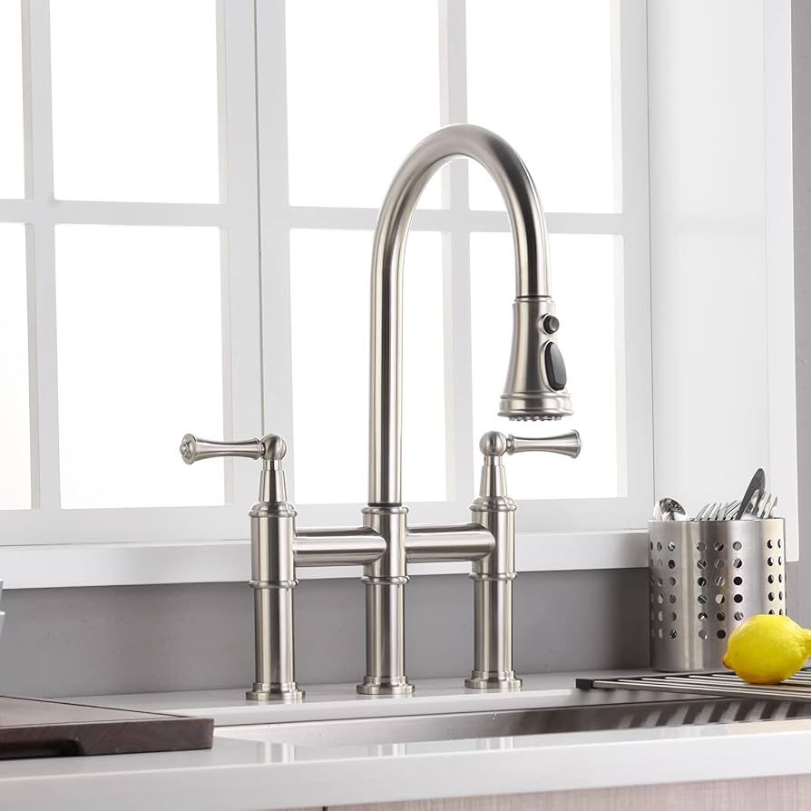Heritage Bridge Kitchen Faucet with Pull-Down Sprayhead