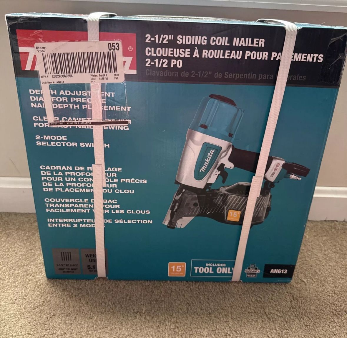Makita 2-1/2", 15° Pneumatic Siding Coil Nailer (Tool-Only) BRAND NEW