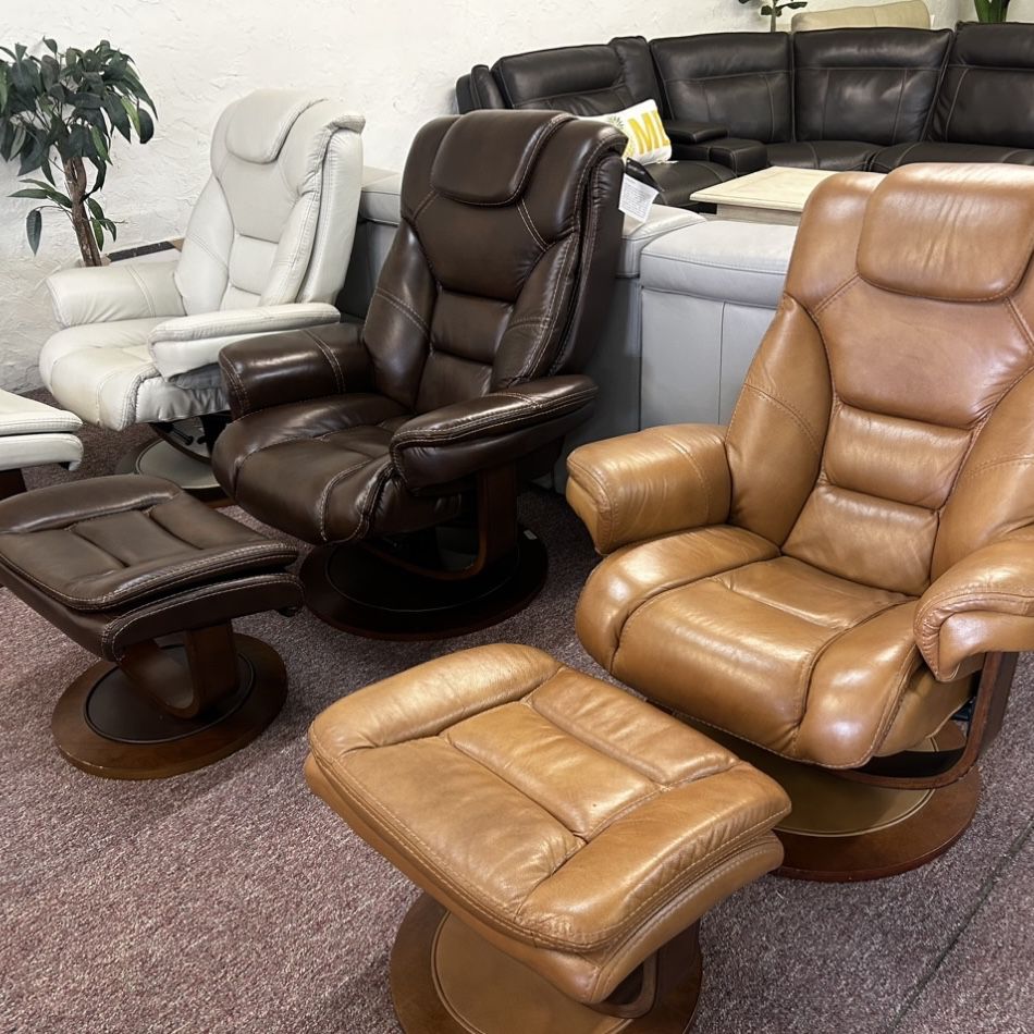 Genuine Leather Swivel- Pushback Reclining Chair And Ottoman- Faringdon