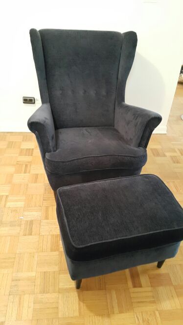 IKEA STRANDMON wing chair in blue velvet