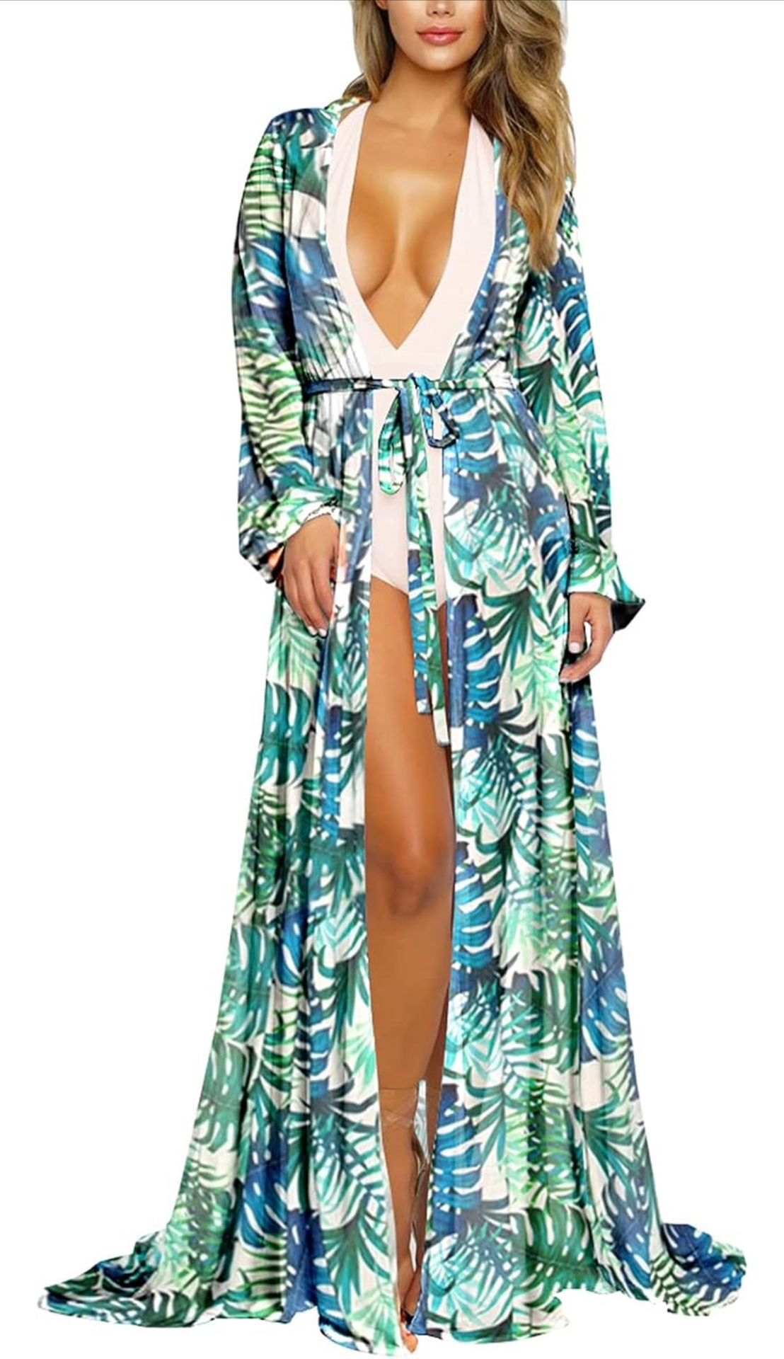 Women's Long Sleeve Flowy Maxi Swimsuit Tie Front Robe Cover Up
