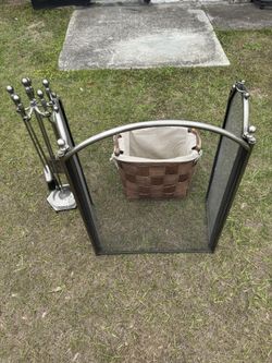 Fireplace Screen + 5 Piece Tool Set + Woven Basket 