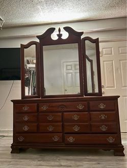 Cherry Wood Dresser with Tri-Fold Mirror