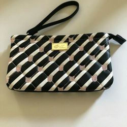 BETSEY JOHNSON BLACK WHITE PINK CAT DOUBLE POUCH QUILTED WRISTLET KITTY