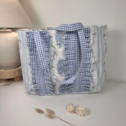 French Provençale Style Tote Bag 15" tall - Blue and White