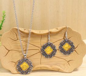 Yellow Stone Silver Necklace and Earring Set