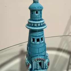 Turquoise crackled gloss light house tea light / lawn ornament 