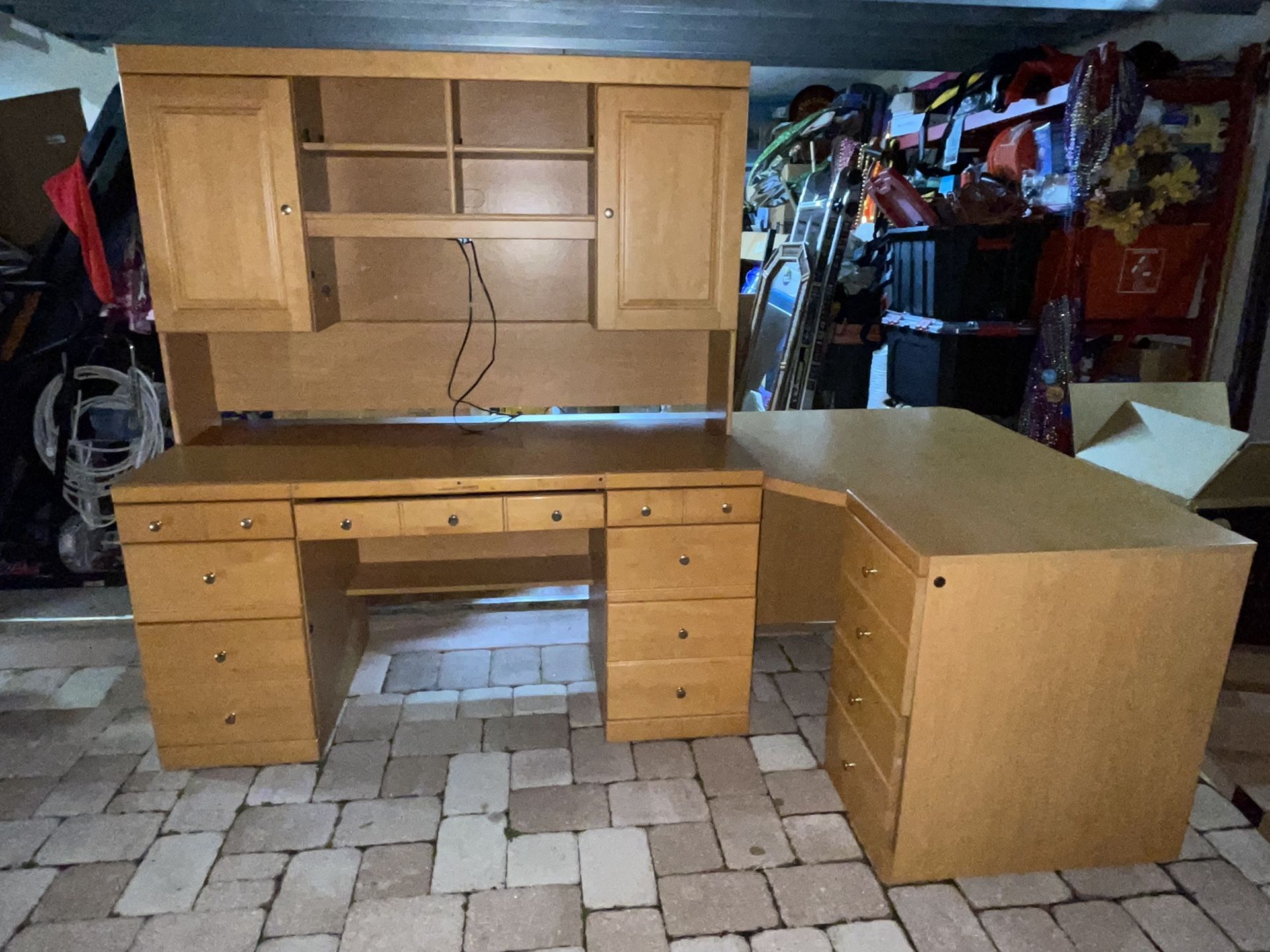 Wooden Desk Sectional With Hutch And File Cabinet Storage (OPEN TO TRADES) as