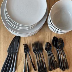 Ikea Dish Set & Matte Black Silverware