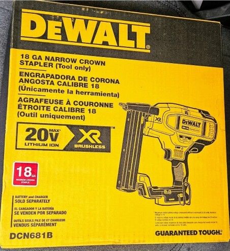 (DCN681B) DEWALT 20V MAX* Narrow Crown Stapler, 18GA, Tool Only. New in box.