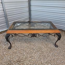 Glass Top Coffee Table with Wood Frame and Ornate Metal Legs
