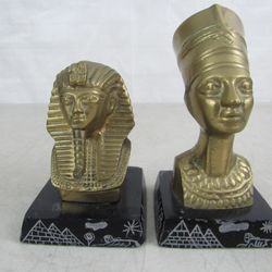 Egyptian King Tut & Queen Nefertiti Brass Busts On Etched Marble Base



