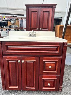 Cherry Wood Bathroom Vanity with Sink and Wall Cabinet