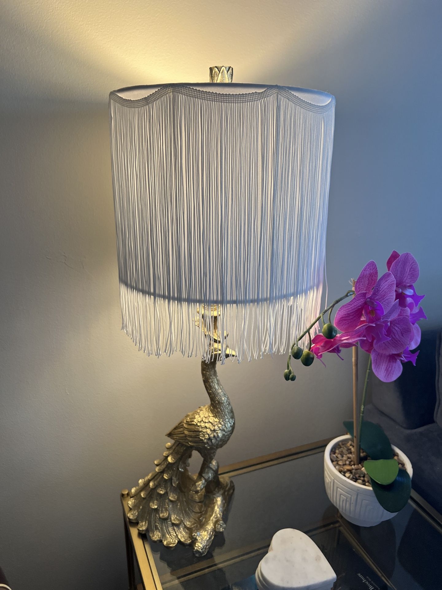 Brass Peacock Lamp With Fringed Shade