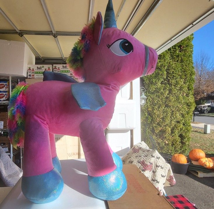 Pink Plush Unicorn Pegasus Blue Sparkling Hoofs & Wings Stuffed Animal Toy 33" JUMBO