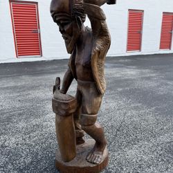 Hand Carved Wood Sculpture Of Man With Pickaxes