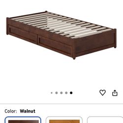 Walnut Twin Platform Bed With Storage Drawers - Includes  Mattress And Linens