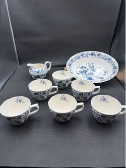 Vintage Nikko Double Phoenix Ming Tree- 6 Flat Cups, Creamer & Oval Serving Bowl