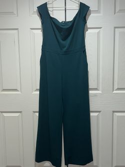 Express Off Shoulder Wide Leg Jumpsuit Romper L Emerald Green Pockets Casual Zip