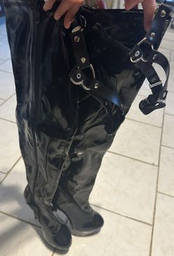 China Black Patent Leather Thigh-High Stiletto Zip Strap Boots $80 Size 6