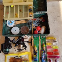 2 Shakespeare Fishing Reels , Tackle Box And Assorted Fishing Gear