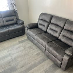 New 3 Piece Reclining Living Room Set.  Grey Faux Suede.  Power.  Free Delivery!