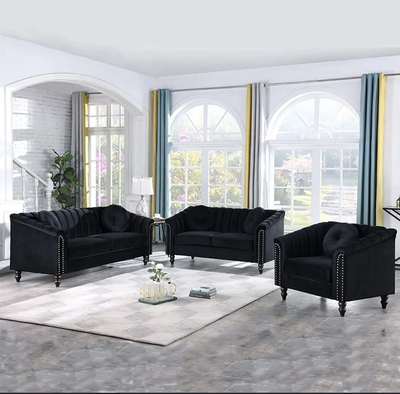 Modern Black Microfiber Three Piece Couch Set 