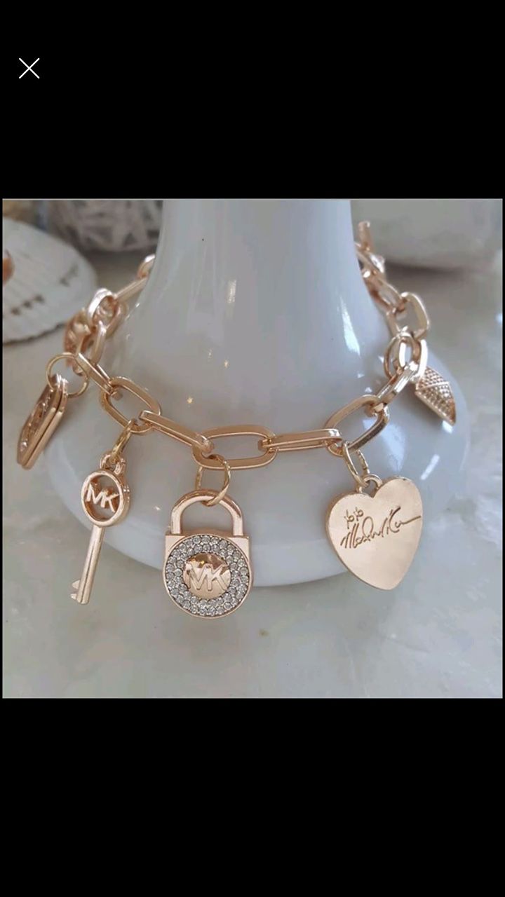 Mk Michael kors charm key heart padlock gold tone 8.5” bracelet