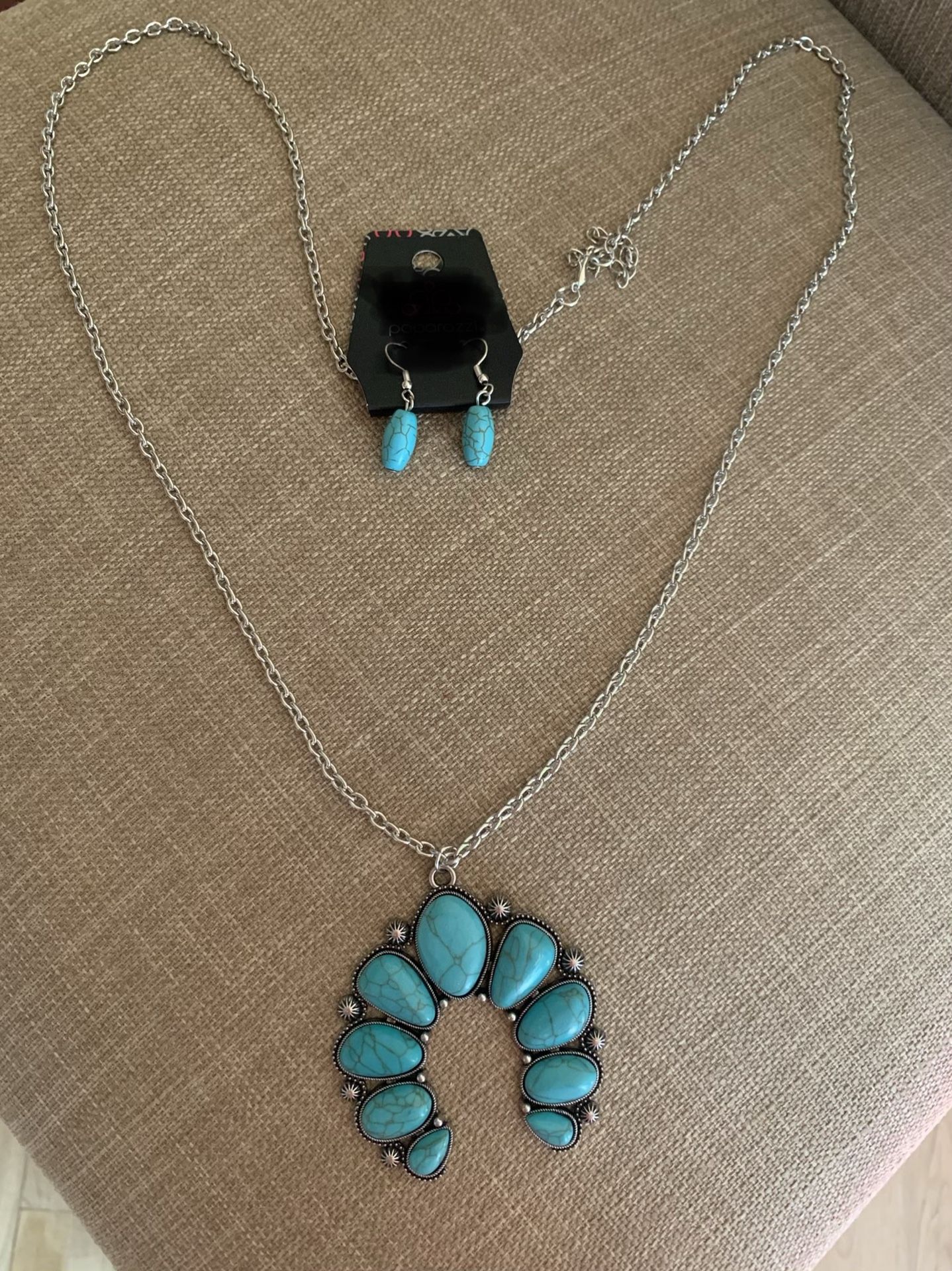 Teal with Silver long Necklace & matching earrings